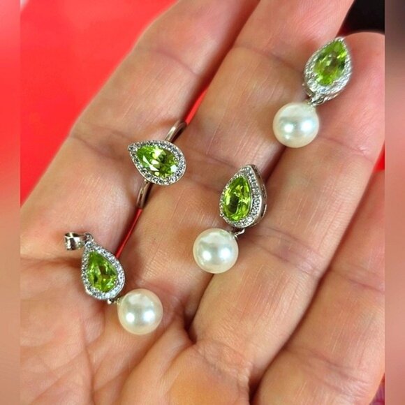 925 Sterling Silver Jewelry Set with Natural Freshwater Pearl & Peridot Gem - Picture 2 of 7